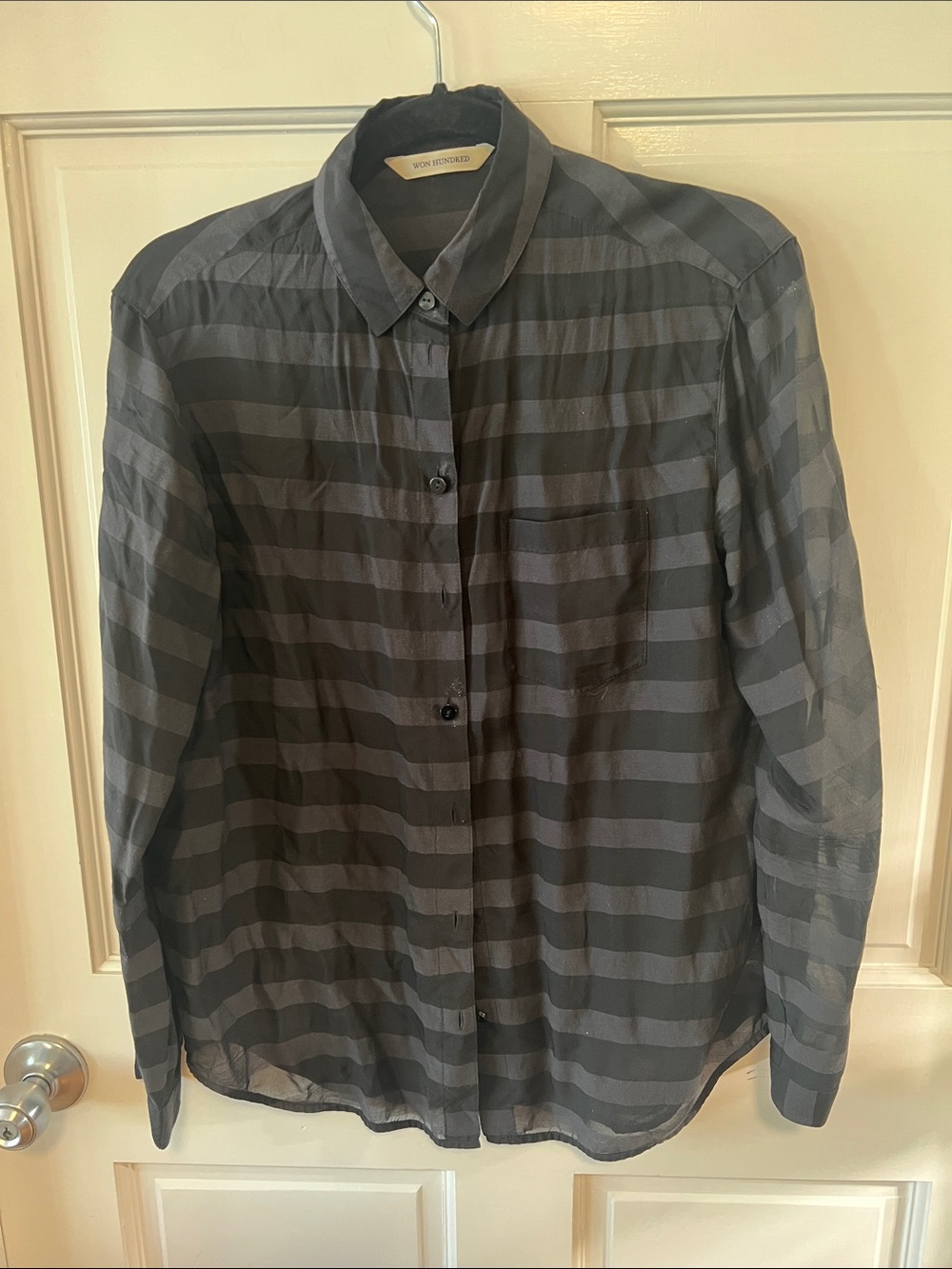 Won hundered Striped Sheer Button-Up Shirt in black